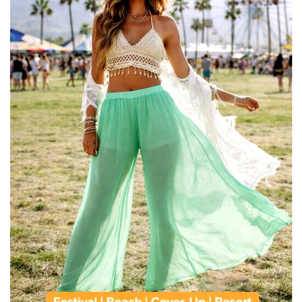 Mint Green Sheer Wide Leg Festival Pants Elastic Waist L I Dream Of Jeannie Pant